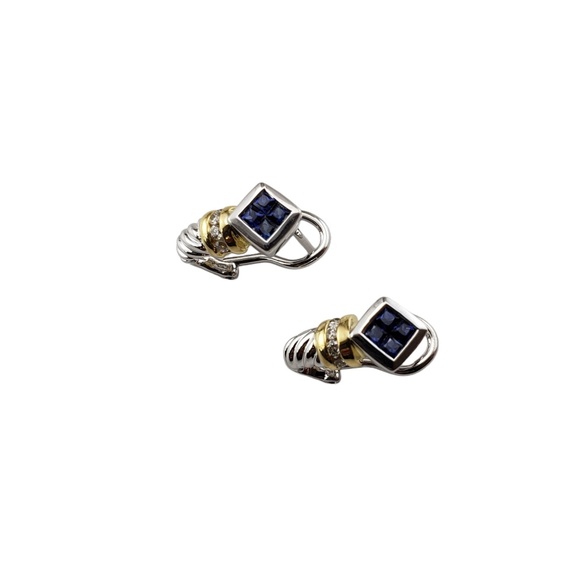 18K Two-Tone Gold Sapphire and Diamond Earrings JAGi Certified #15945 - Picture 2 of 8